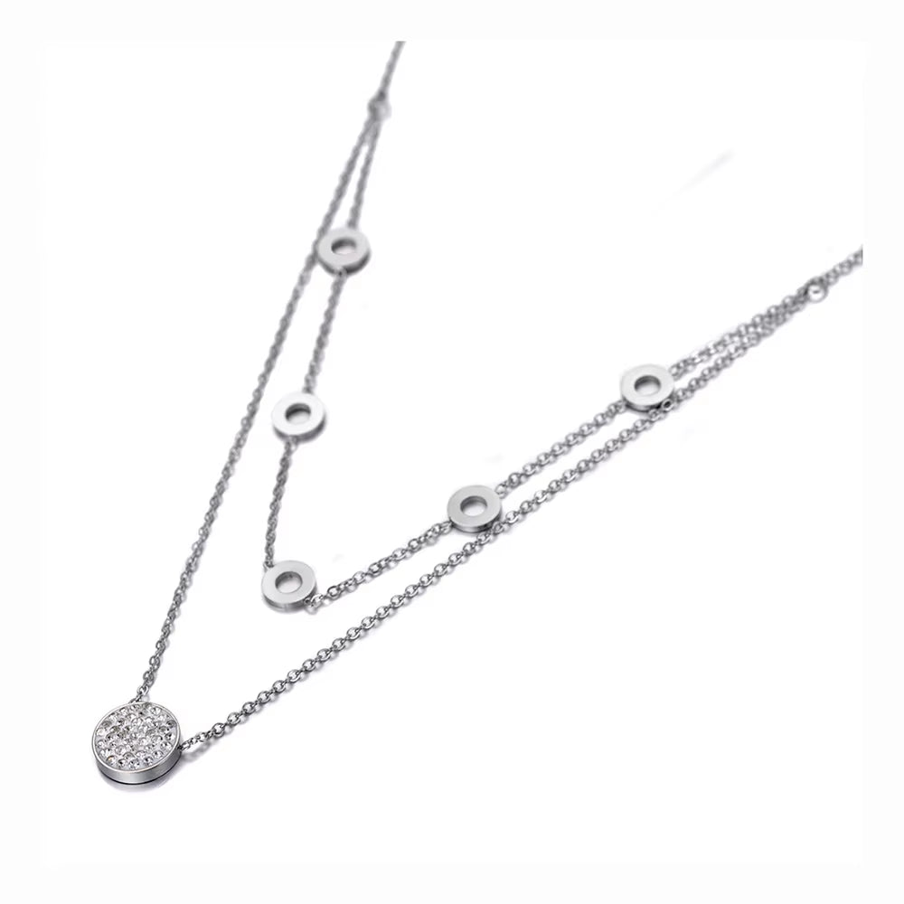 Fashion Titanium Stainless Steel Double Layer Choker Necklaces Clay Rhinestone Geometry Necklace for Women Girls N20003