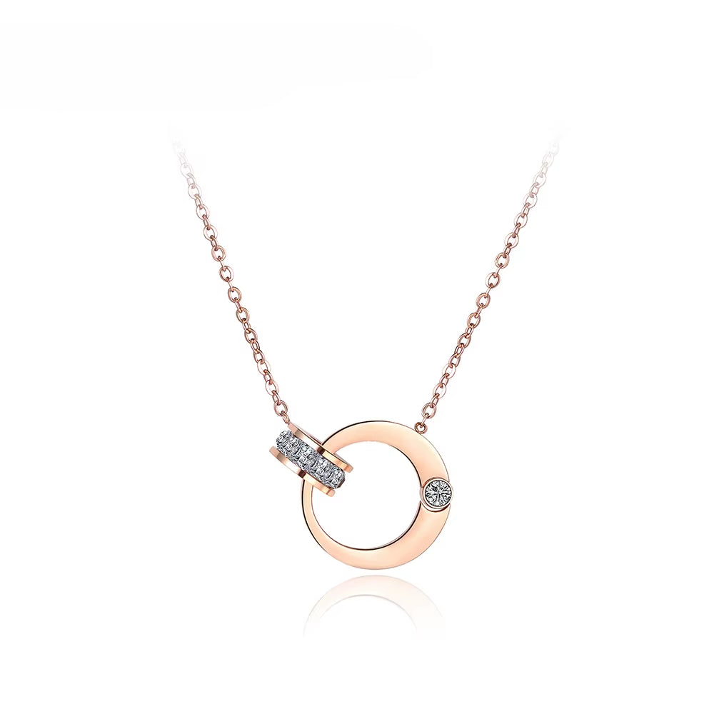 Double Circle Cubic Zirconia Chain & Link Necklaces Jewelry Titanium Steel Chokers Necklace for Women N18054