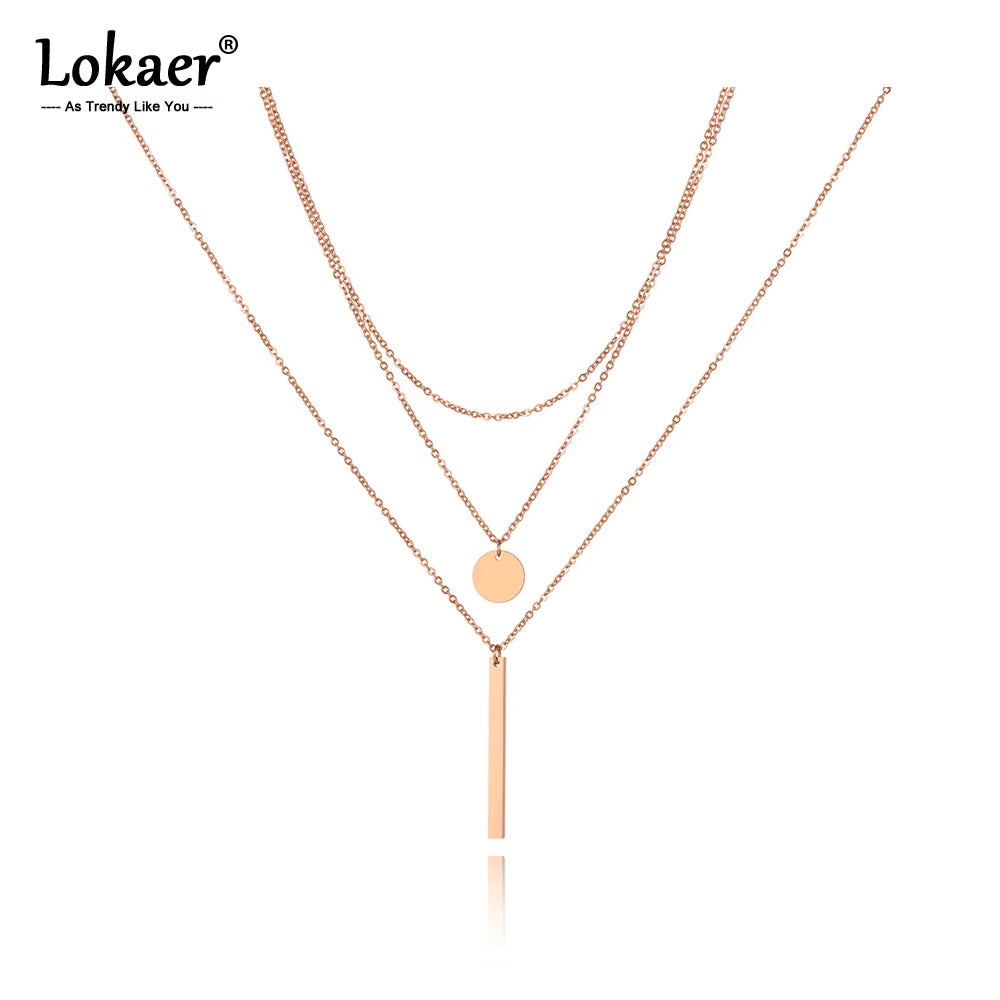 Fashion Rectangular Small round Ladies Necklace Stainless Steel Geometric Three-Layer Chokers Necklace for Women N19149