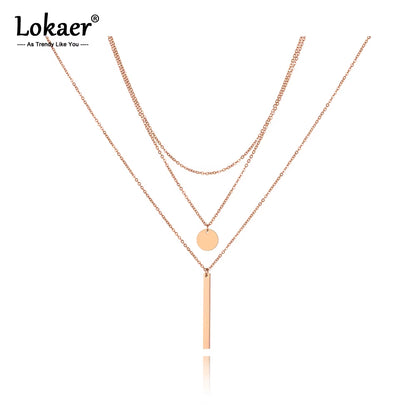 Fashion Rectangular Small round Ladies Necklace Stainless Steel Geometric Three-Layer Chokers Necklace for Women N19149