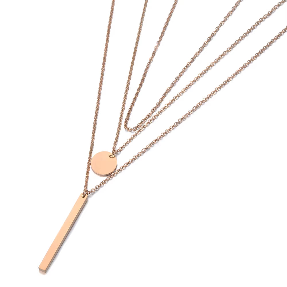 Fashion Rectangular Small round Ladies Necklace Stainless Steel Geometric Three-Layer Chokers Necklace for Women N19149
