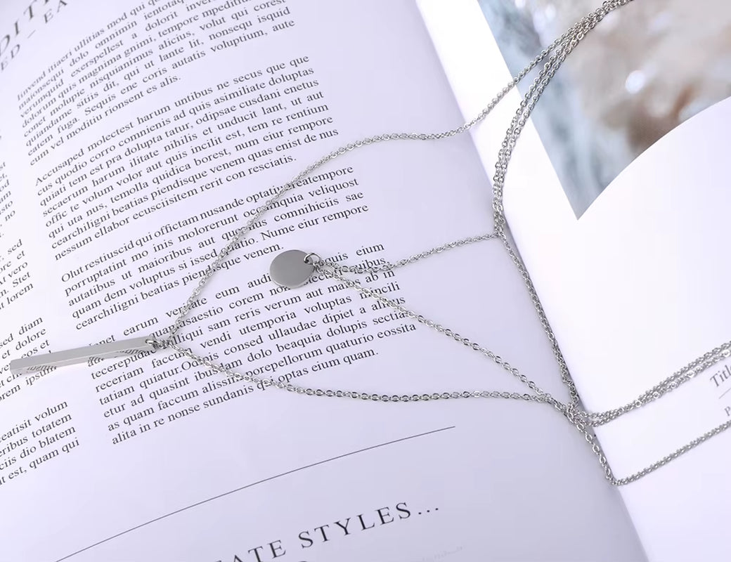 Fashion Rectangular Small round Ladies Necklace Stainless Steel Geometric Three-Layer Chokers Necklace for Women N19149