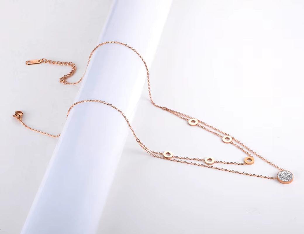 Fashion Titanium Stainless Steel Double Layer Choker Necklaces Clay Rhinestone Geometry Necklace for Women Girls N20003