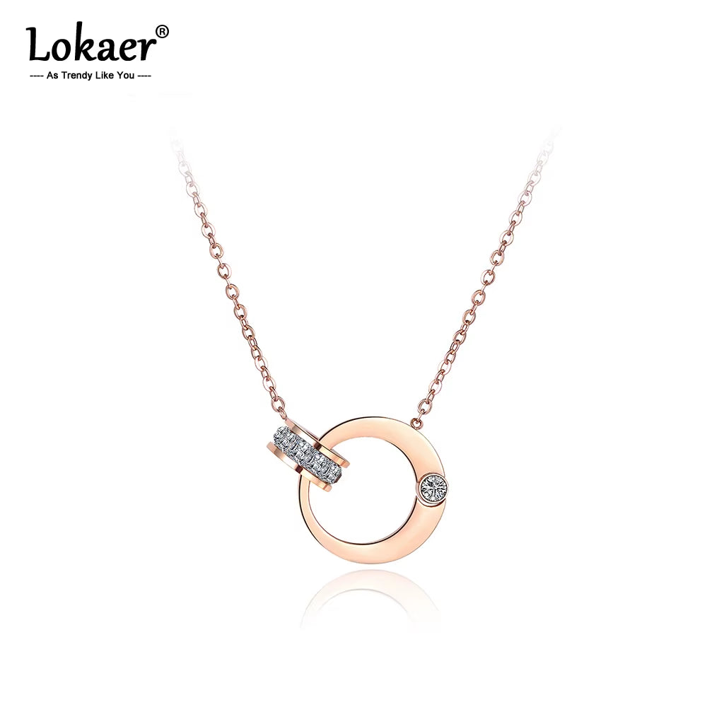 Double Circle Cubic Zirconia Chain & Link Necklaces Jewelry Titanium Steel Chokers Necklace for Women N18054
