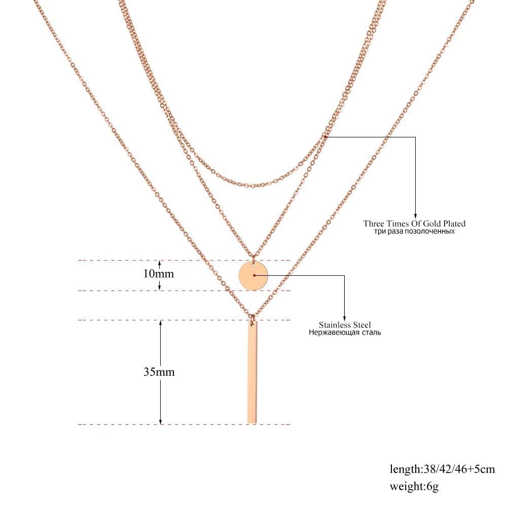 Fashion Rectangular Small round Ladies Necklace Stainless Steel Geometric Three-Layer Chokers Necklace for Women N19149