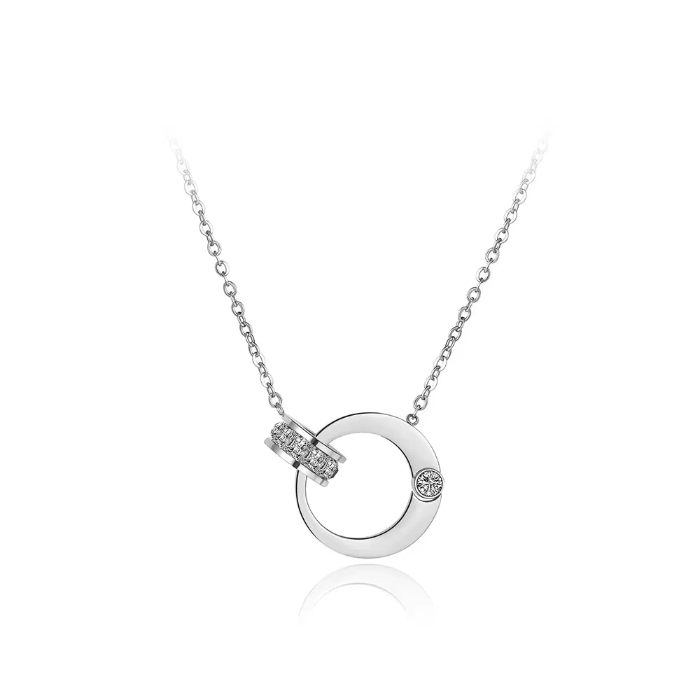 Double Circle Cubic Zirconia Chain & Link Necklaces Jewelry Titanium Steel Chokers Necklace for Women N18054