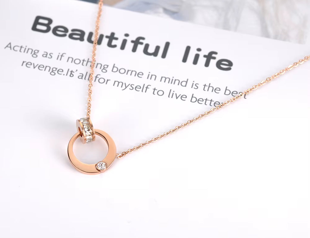 Double Circle Cubic Zirconia Chain & Link Necklaces Jewelry Titanium Steel Chokers Necklace for Women N18054