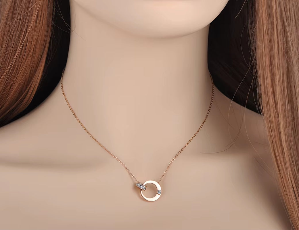Double Circle Cubic Zirconia Chain & Link Necklaces Jewelry Titanium Steel Chokers Necklace for Women N18054