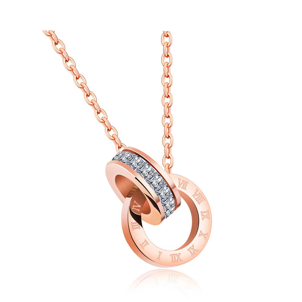 Double Circle Cubic Zirconia Chain & Link Necklaces Jewelry Titanium Steel Chokers Necklace for Women N18054