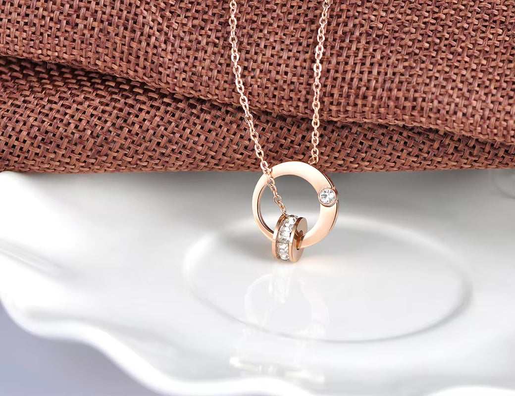 Double Circle Cubic Zirconia Chain & Link Necklaces Jewelry Titanium Steel Chokers Necklace for Women N18054