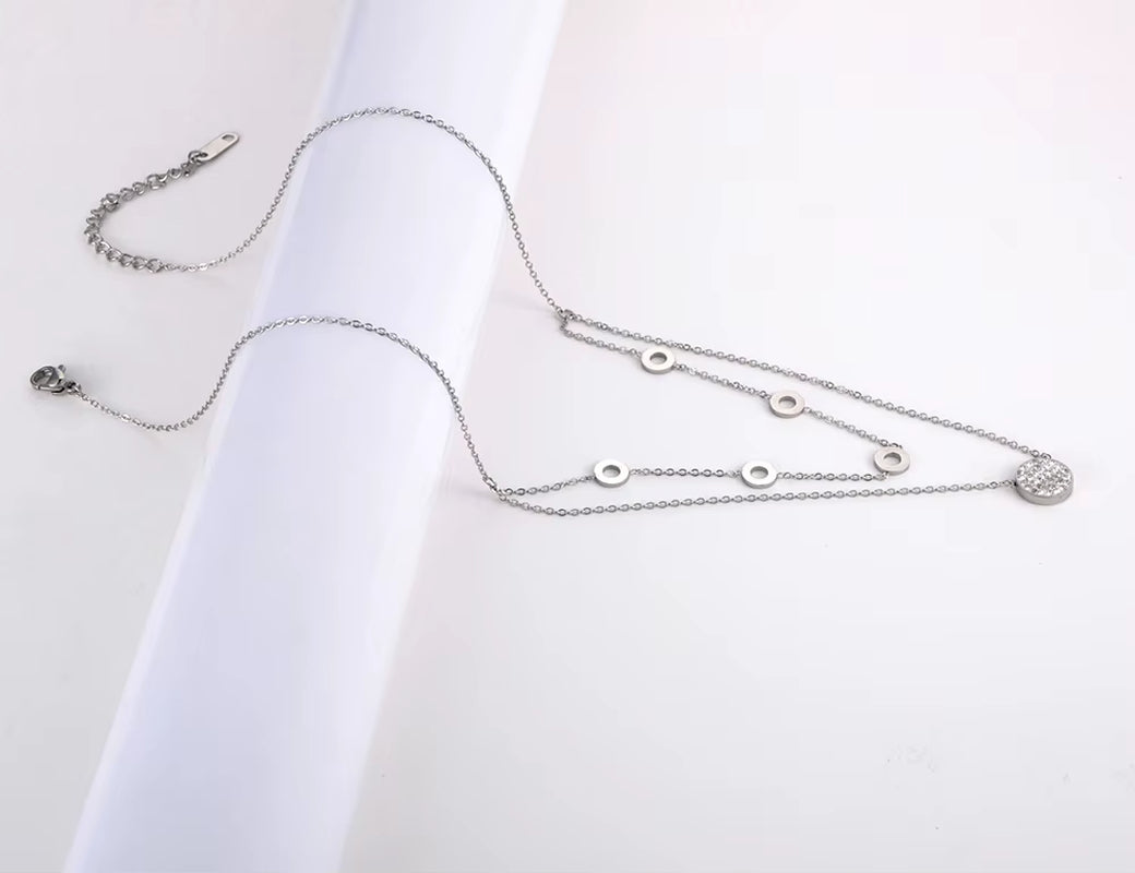 Fashion Titanium Stainless Steel Double Layer Choker Necklaces Clay Rhinestone Geometry Necklace for Women Girls N20003